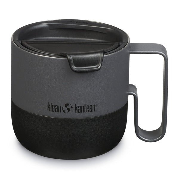 Klean Kanteen Rise Mug gobelet gris et noir avec couvercle à clapet et poignée ouverte