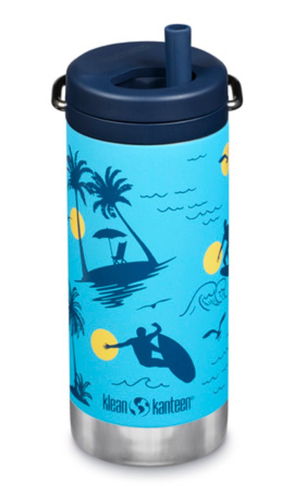 Klean Kanteen TKWide Twist Cap bleue à imprimé surfeurs et palmiers avec paille bleue