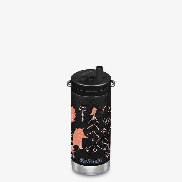 Klean Kanteen TKWide Twist Cap noire à imprimé renard, arbres et champignon
