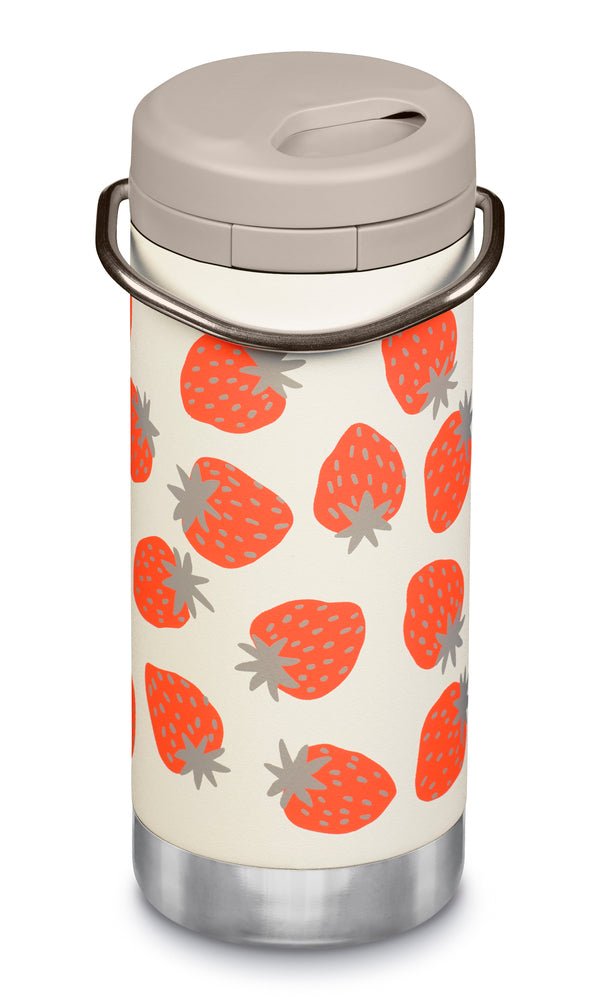 Klean Kanteen TKWide 355ml Twist Cap à imprimé fraises avec anse et bouchon beige