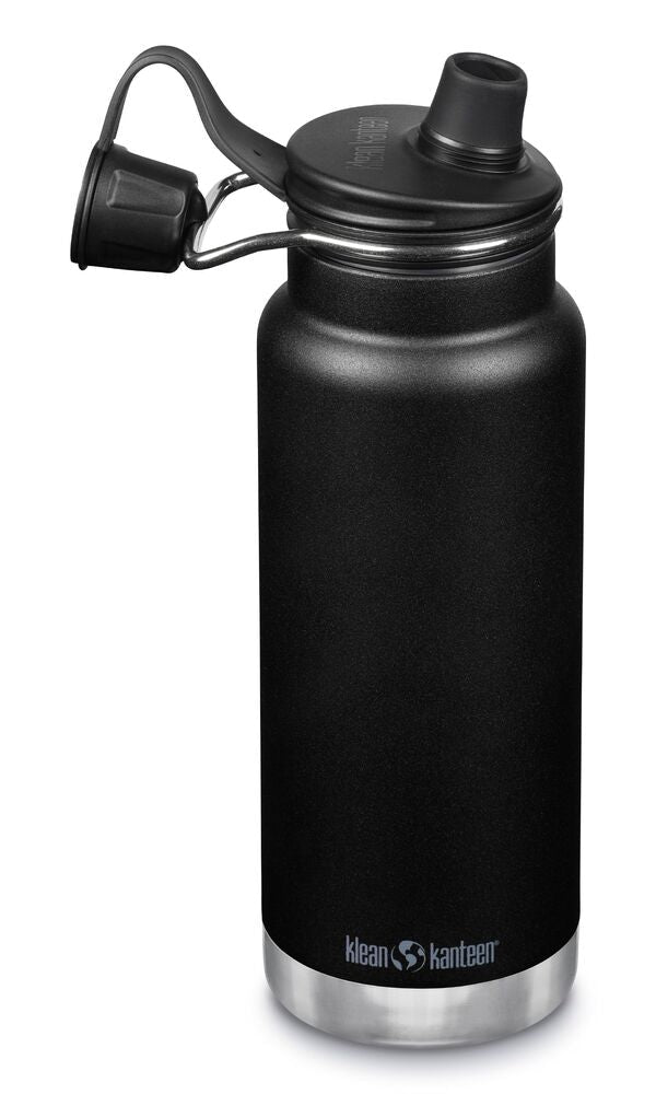 Klean Kanteen TKWide 946ml Chug Cap noire avec bec et petit bouchon attaché à une boucle