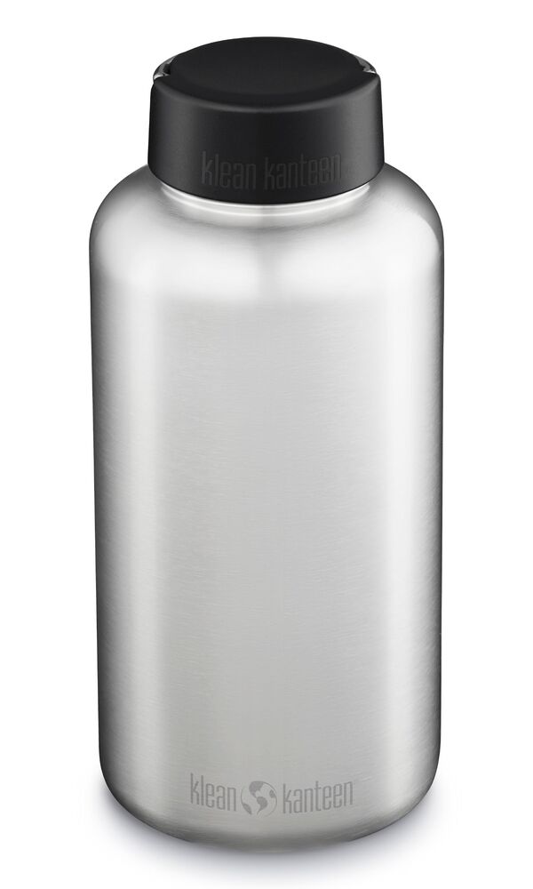 Klean Kanteen Wide 1900 ml gourde en métal avec bouchon noir et logo, debout vue de face
