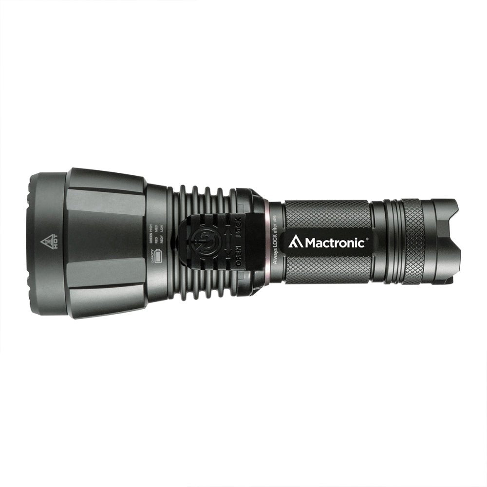 Mactronic Blitz K3 lampe de poche noire à tête large et ailettes de refroidissement, couchée de profil