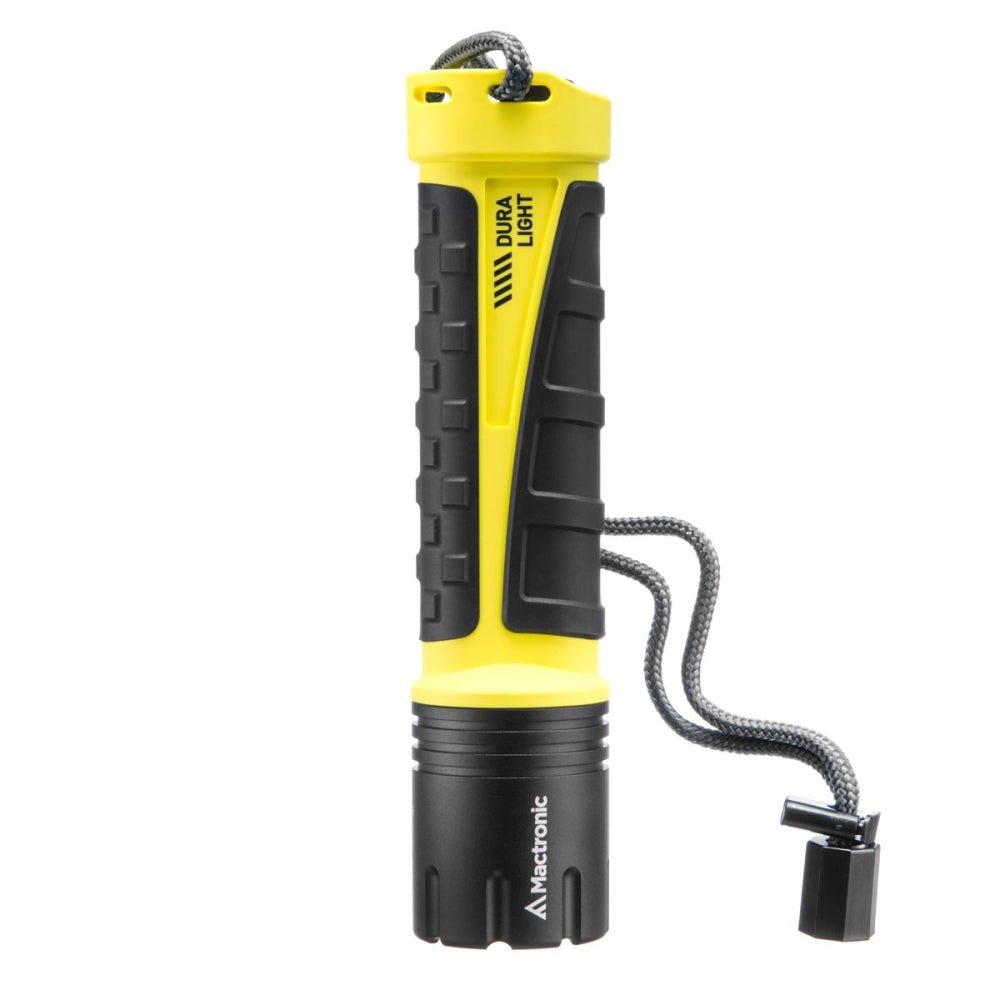 Mactronic Dura Light 920 lampe de poche jaune et noire avec poignée caoutchouc et cordon à embout