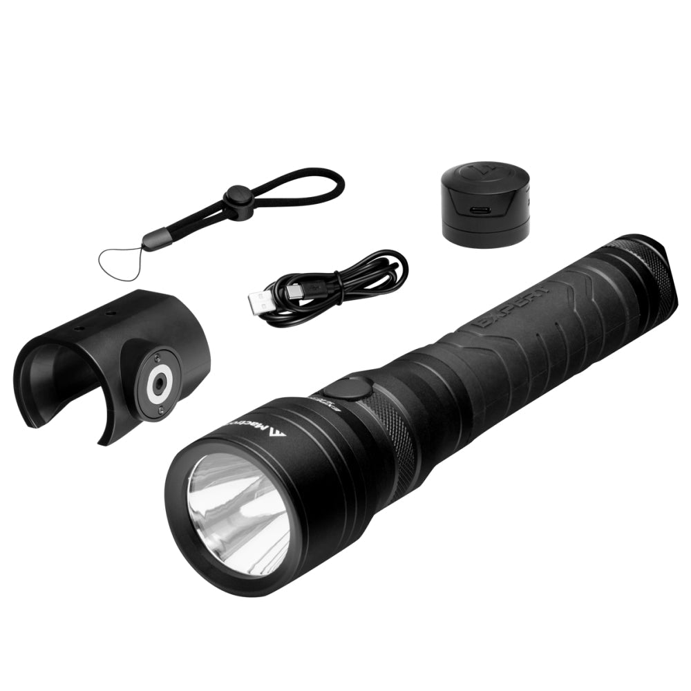 Mactronic Expert PL3 avec support séparé, capuchon arrière, dragonne et câble USB à côté de la lampe