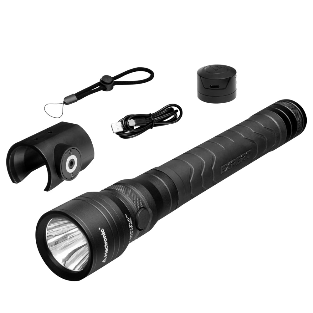 Mactronic Expert PL5 avec support séparé, capuchon arrière, dragonne et câble USB à côté de la lampe