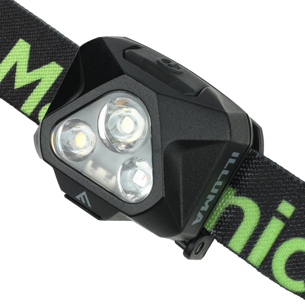 Mactronic Illuma détail de la tête noire à trois LED avec le nom sur le côté