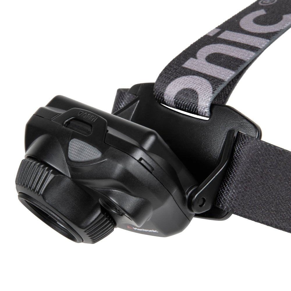 Mactronic Maverick vue du dessus et de côté, avec le bouton sur la tête et le support sur le bandeau