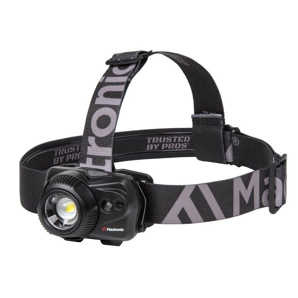 Mactronic Maverick lampe frontale à grande lentille sur un bandeau noir et gris avec sangle supérieure