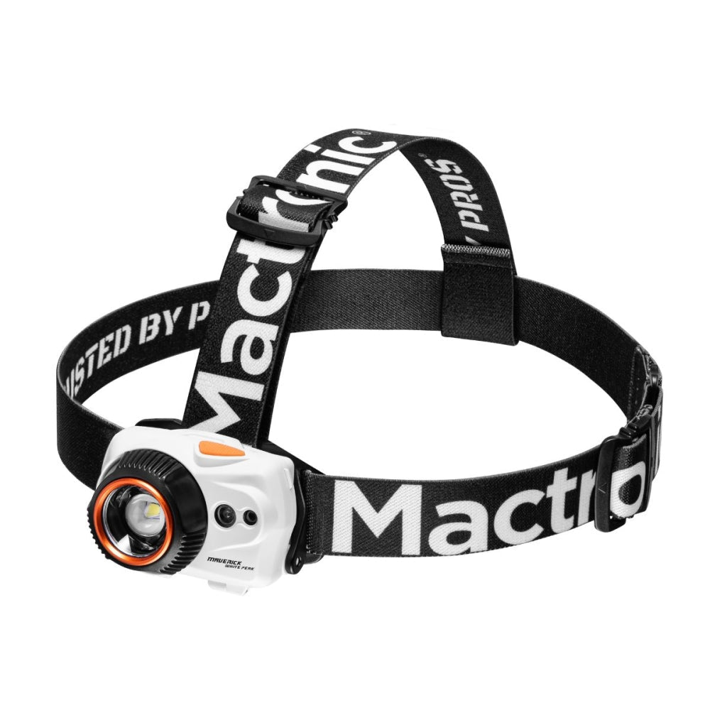 Mactronic Maverick White Peak lampe frontale blanche, bague orange et bandeau noir à impression blanche