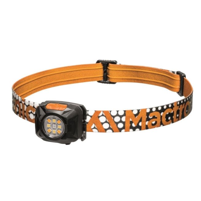 Mactronic Rebel lampe frontale à rangée de LED sur un bandeau orange à impression noir et blanc