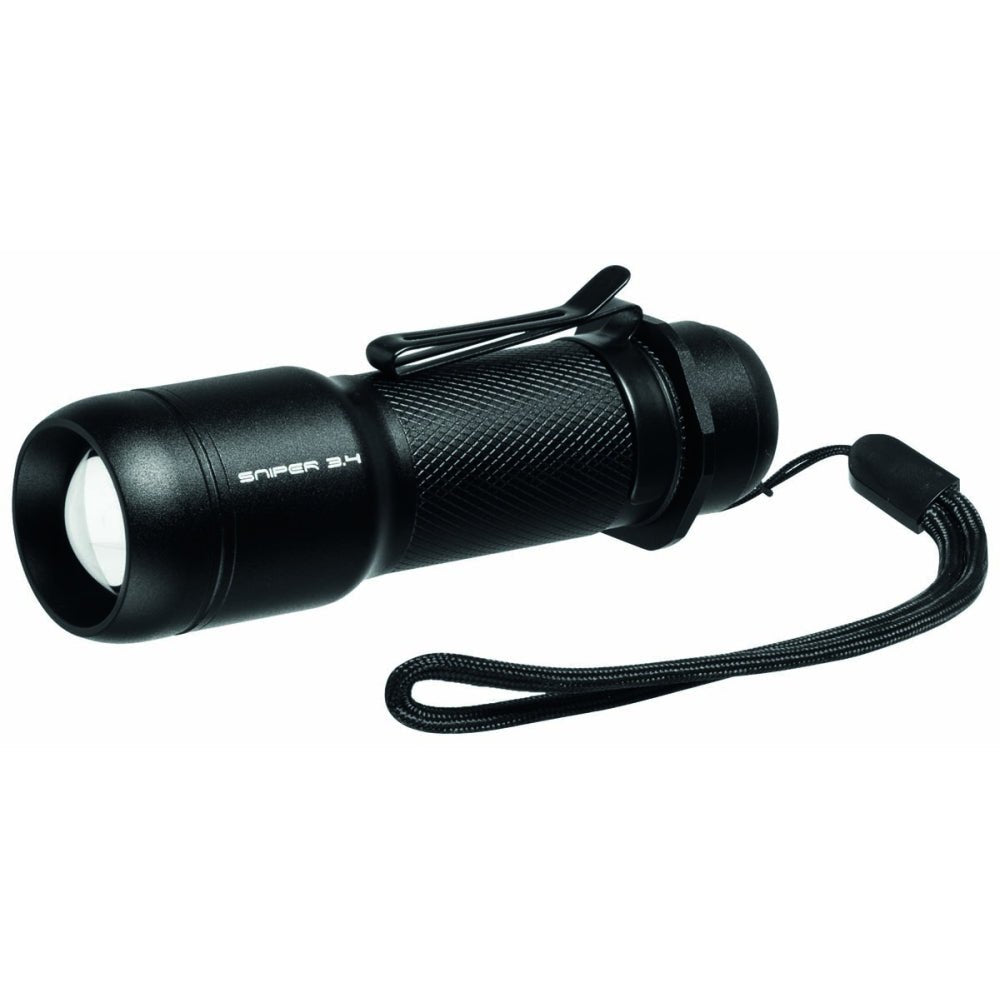 Mactronic Sniper 3.4 lampe torche noire avec clip de ceinture et dragonne, de trois quarts
