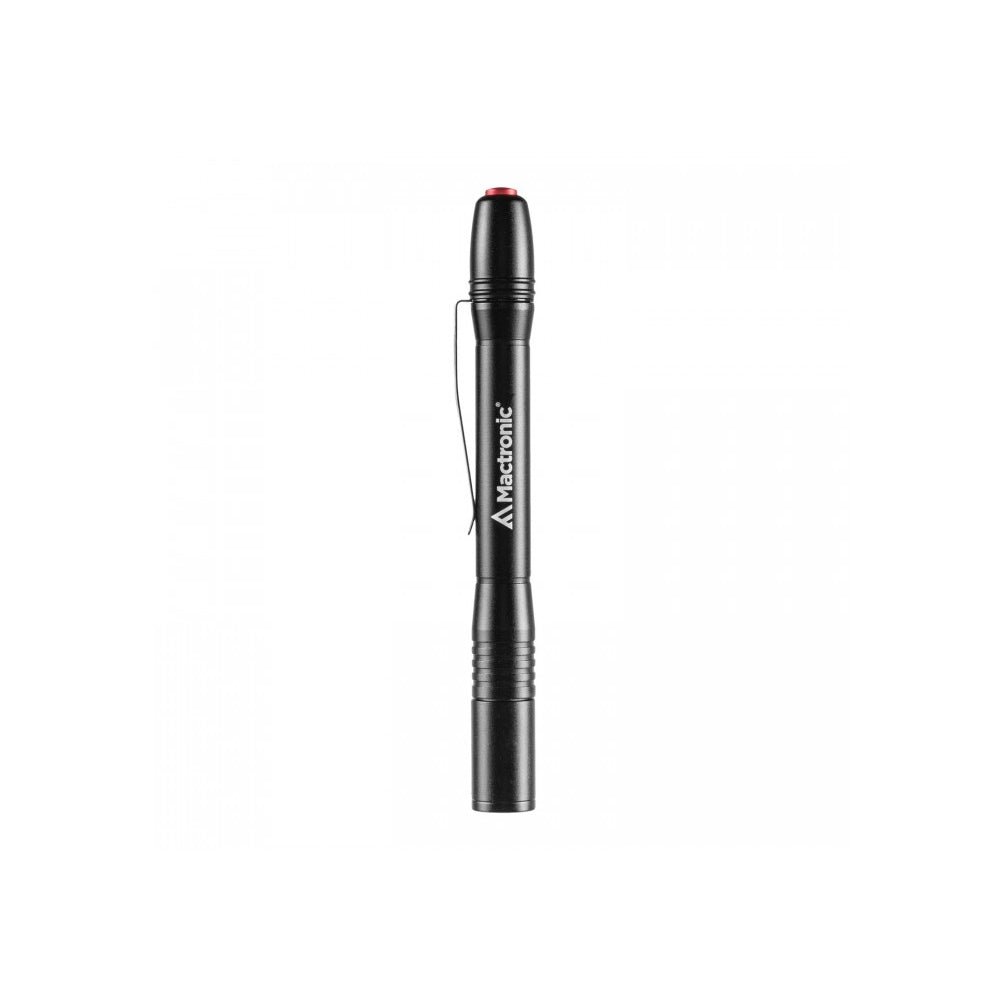 Mactronic Sunscan 5.1 lampe stylo debout vue de profil, avec clip et bouton rouge