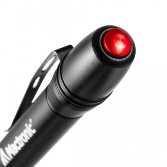 Mactronic Sunscan 5.1 gros plan du bouton poussoir rouge à l'arrière de la lampe stylo
