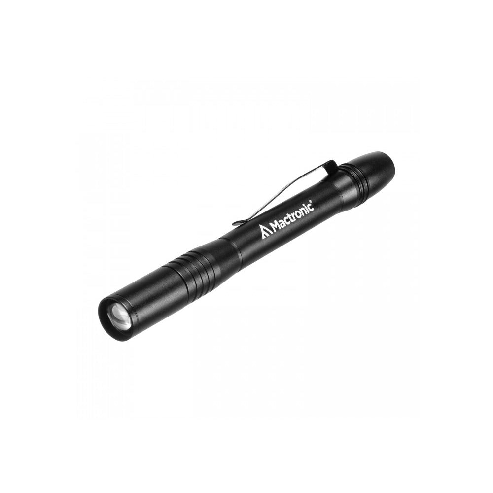 Mactronic Sunscan 5.1 lampe stylo noire avec clip et logo Mactronic, de trois quarts
