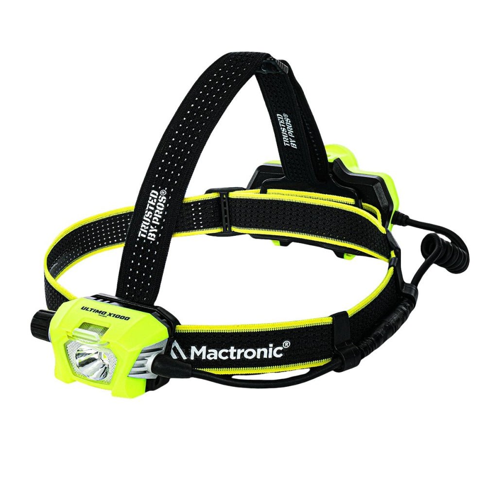Mactronic Ultimo lampe frontale jaune et noire avec sangle sur le sommet du crâne et boîtier de batterie à l'arrière