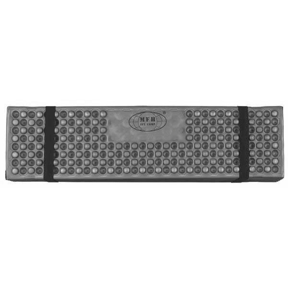matelas pliable MFH gris, replié avec deux sangles noires autour