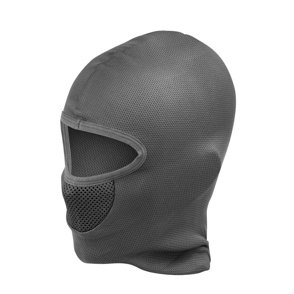 cagoule thermoactive MFH grise, de trois quarts avec filet devant la bouche