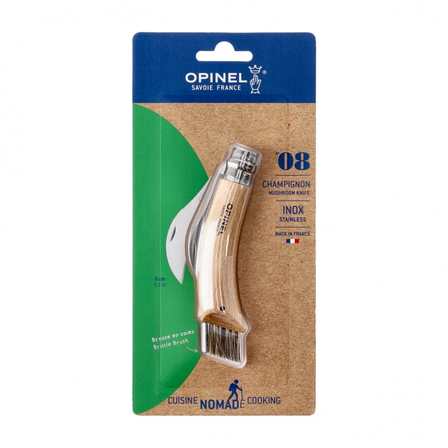Couteau à champignons Opinel N°08 sous blister avec une carte verte et bleue