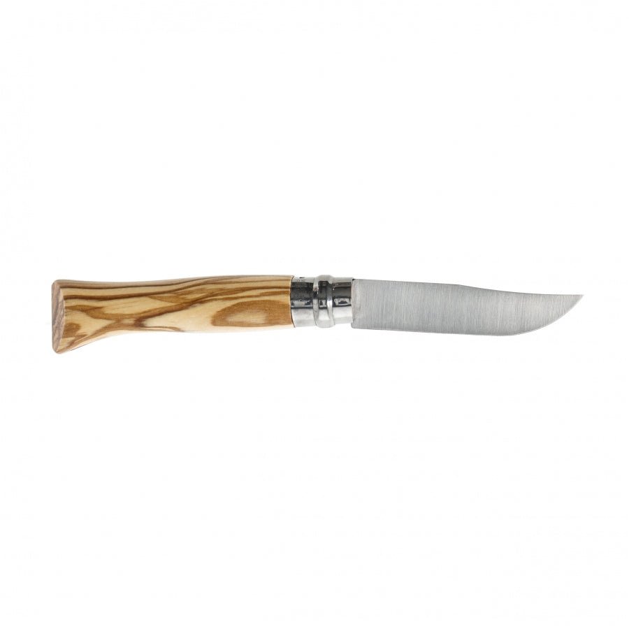 Opinel N°09 Inox ouvert, lame vers la droite et manche en bois strié