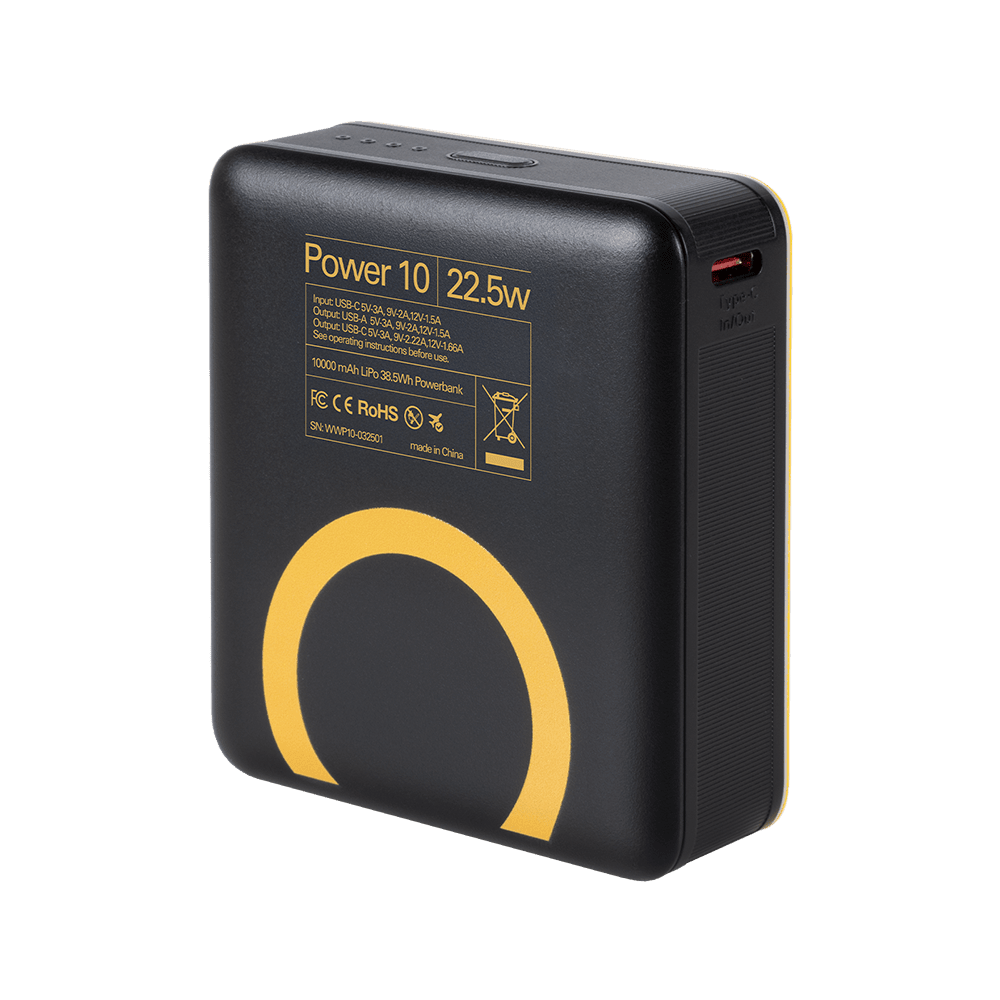 Dos du WakaWaka Power 10, noir avec cercle jaune et la plaque signalétique Power 10 22.5W