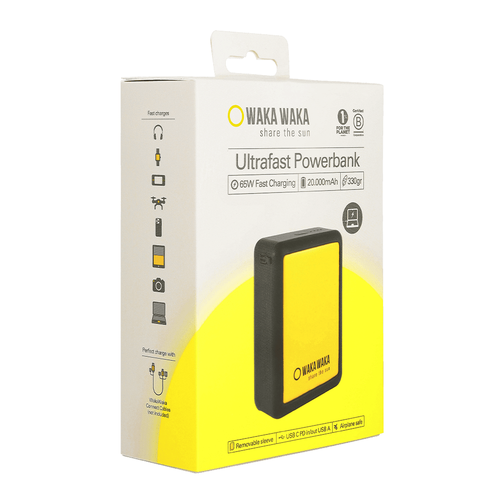 WakaWaka Power 20 power bank dans son emballage avec le texte Ultrafast Powerbank, jaune et noir