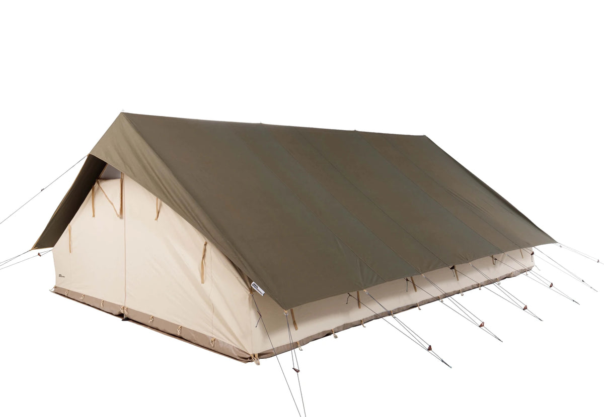 CanvasCamp Apex 4 x 6 avec toit gris-brun foncé vue de biais, haubans tendus