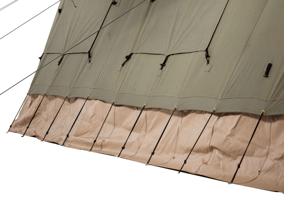 CanvasCamp Mess Apex 5 x 6 détail du bas couleur sable de la paroi latérale avec cordes