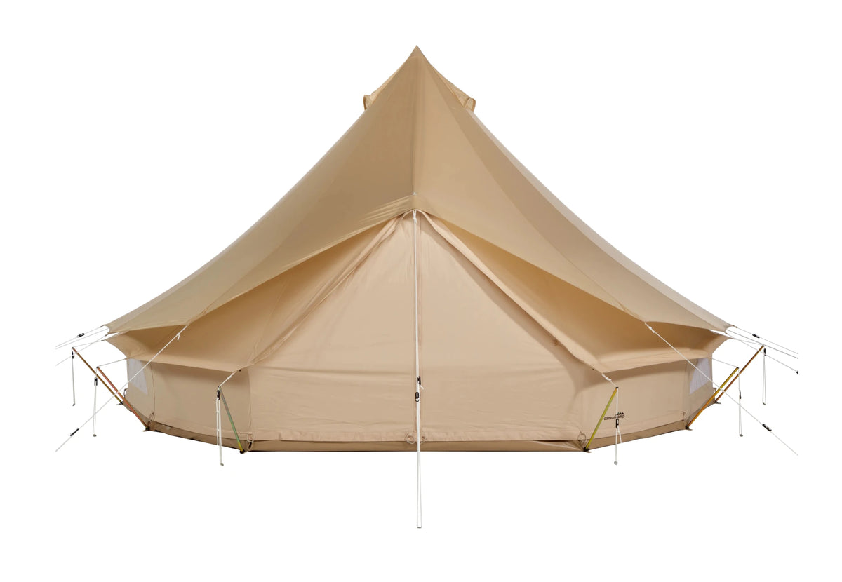 Sibley Fly Nylon, protection beige sur le toit d'une tente cloche, vue de face