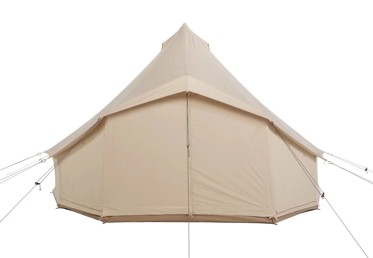 Sibley Apex 520 Panorama tente cloche beige avec large paroi avant fermée et haubans, vue de face