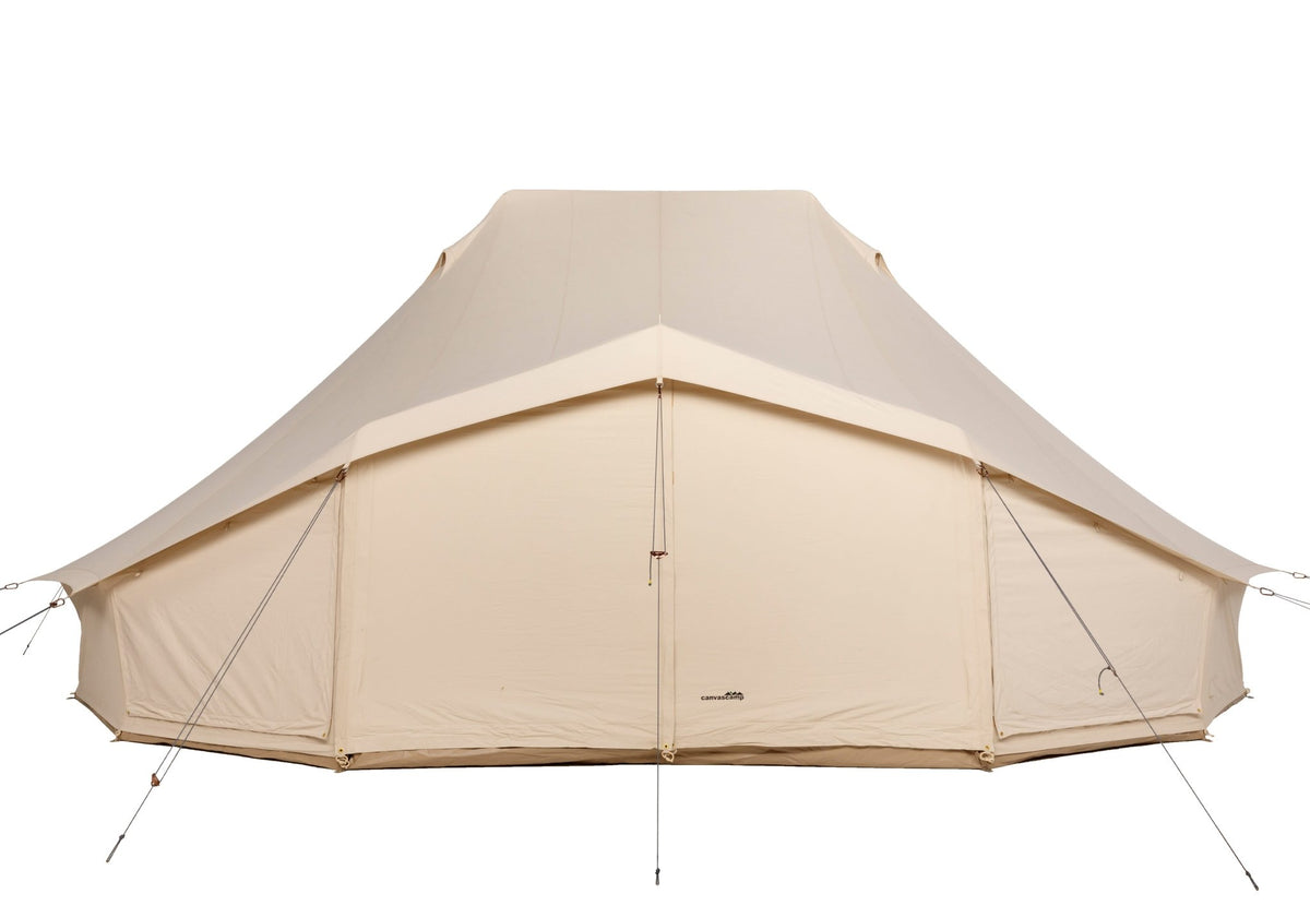 Sibley Apex 720 Twin, tente cloche en toile beige avec avancée, fermée, vue de face