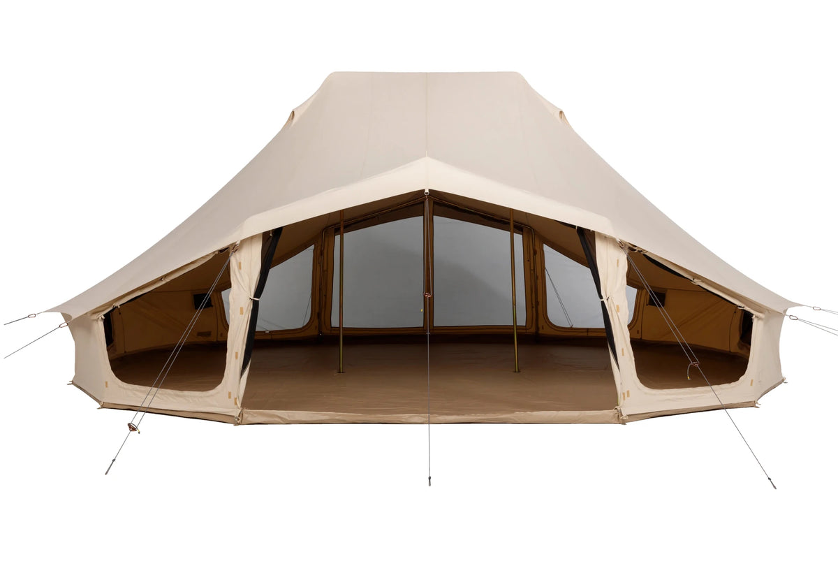 CanvasCamp Sibley Apex 720 Twin avec façade entièrement ouverte et vue sur le tapis de sol