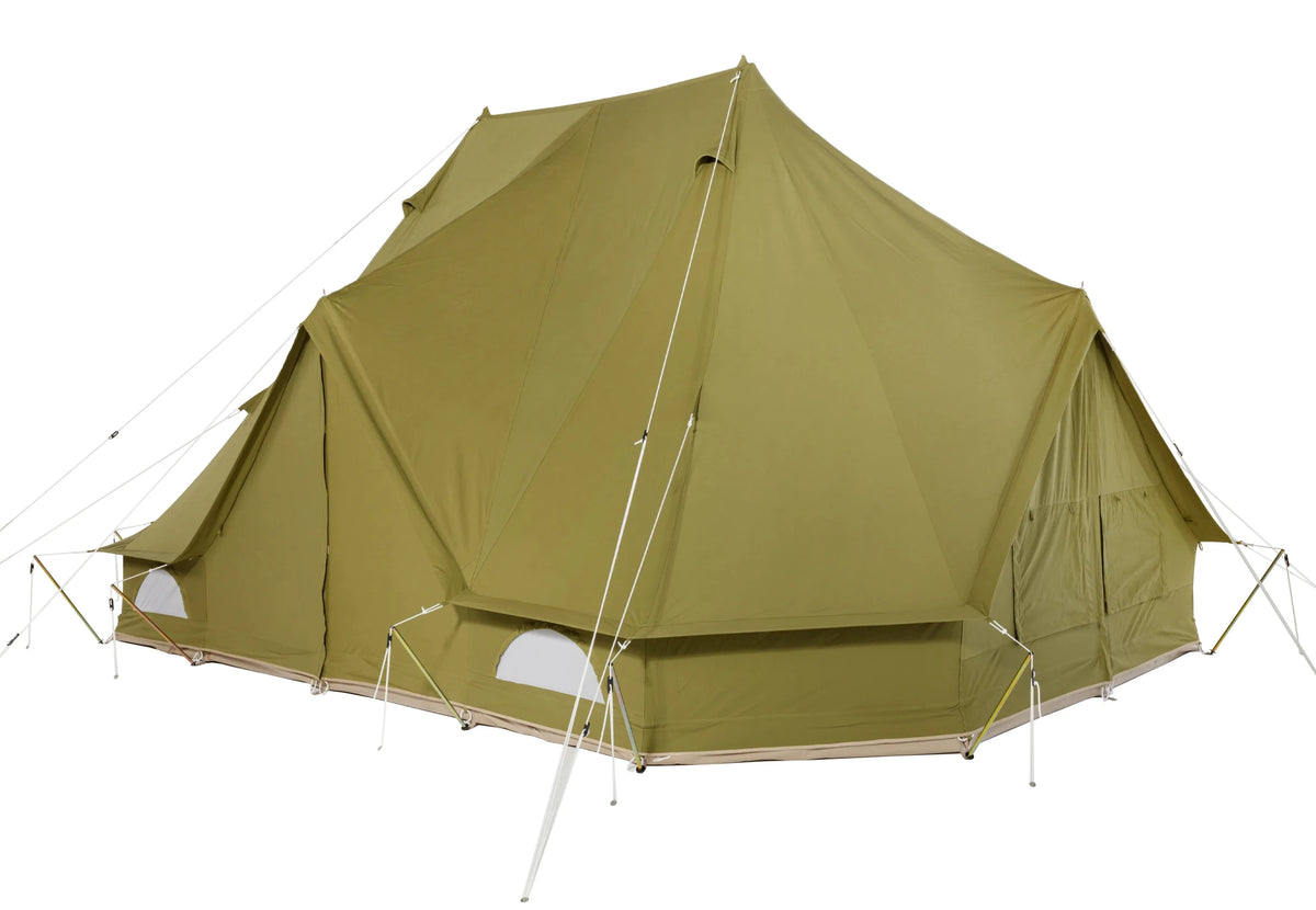 CanvasCamp Sibley ProTech 600 Twin vert olive, vue de trois quarts avant avec haubans