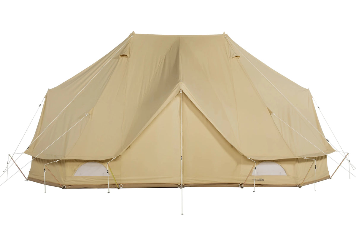 Sibley ProTech 600 Twin, tente cloche en toile beige à deux mâts, vue de face avec deux fenêtres