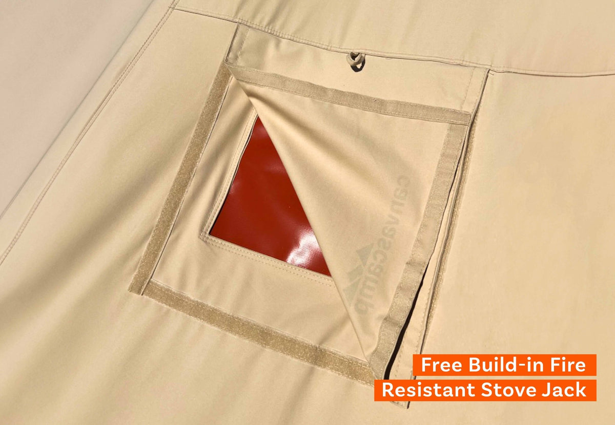 CanvasCamp Sibley ProTech 500, passage de poêle intégré avec rabat rouge ignifuge dans la toile de tente