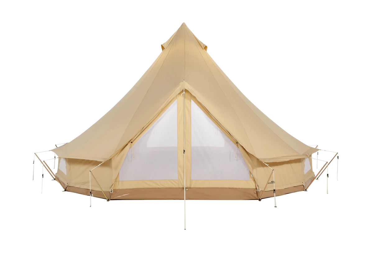 CanvasCamp Sibley ProTech 500 DD avec porte ouverte et moustiquaire dans l'entrée et le bas de la paroi