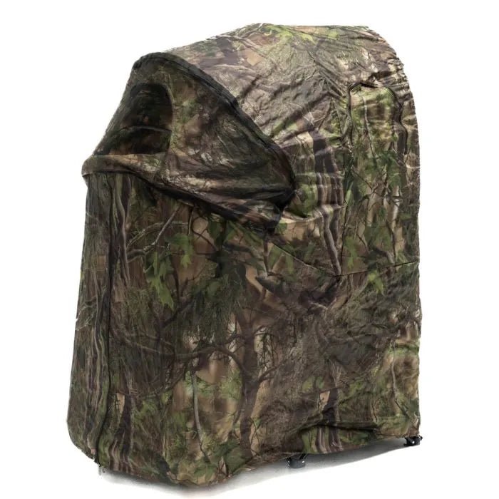 Affût chaise individuel Stealth Gear M2 en camouflage feuillage vert avec capote en surplomb