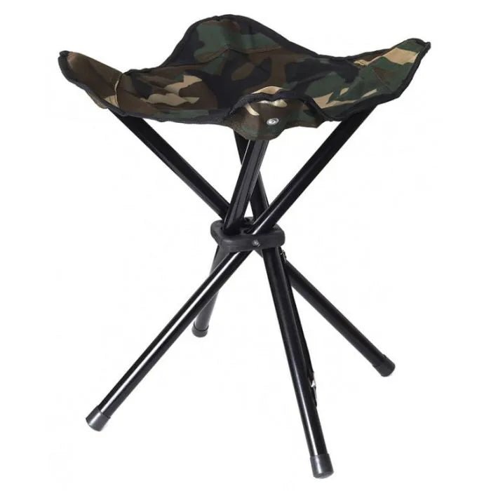 Tabouret pliant Stealth Gear vu de biais, trépied avec assise camouflage