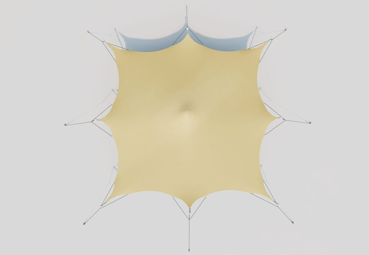 CanvasCamp Stretch Tent Q2 vue d'en haut, toile beige avec les mâts le long des bords
