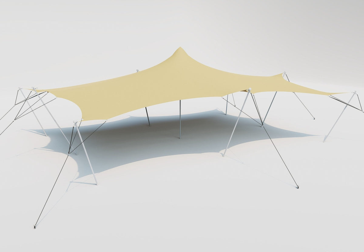 CanvasCamp Stretch Tent Q2 tendue en rectangle avec un sommet, vue latérale de biais