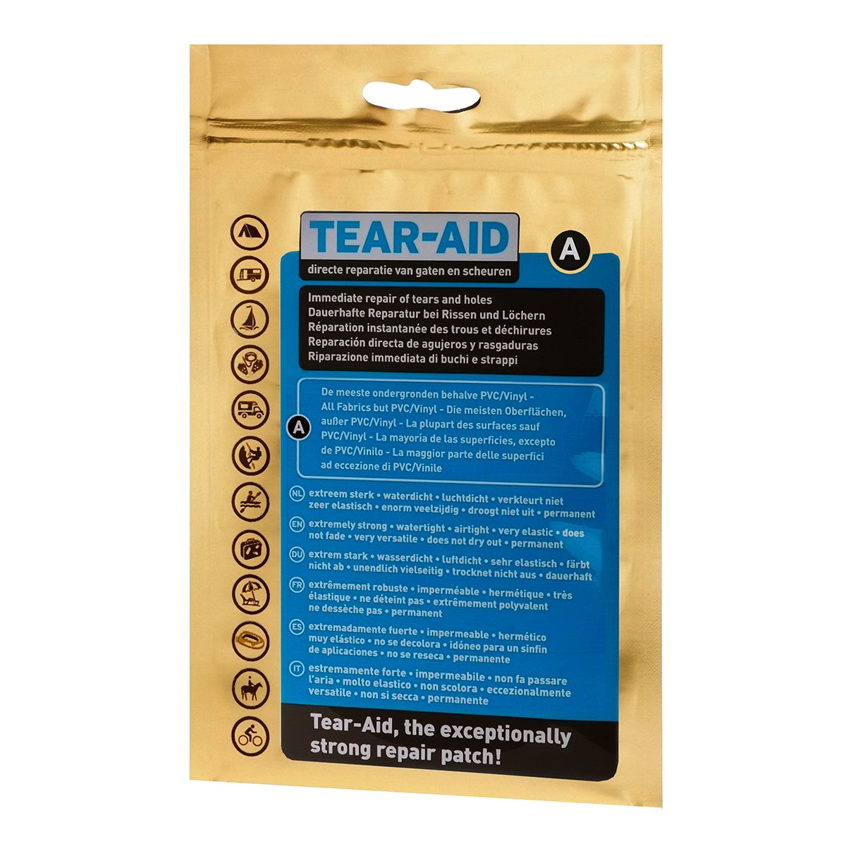 Tear Aid A patch de réparation en emballage doré avec étiquette bleue, face avant