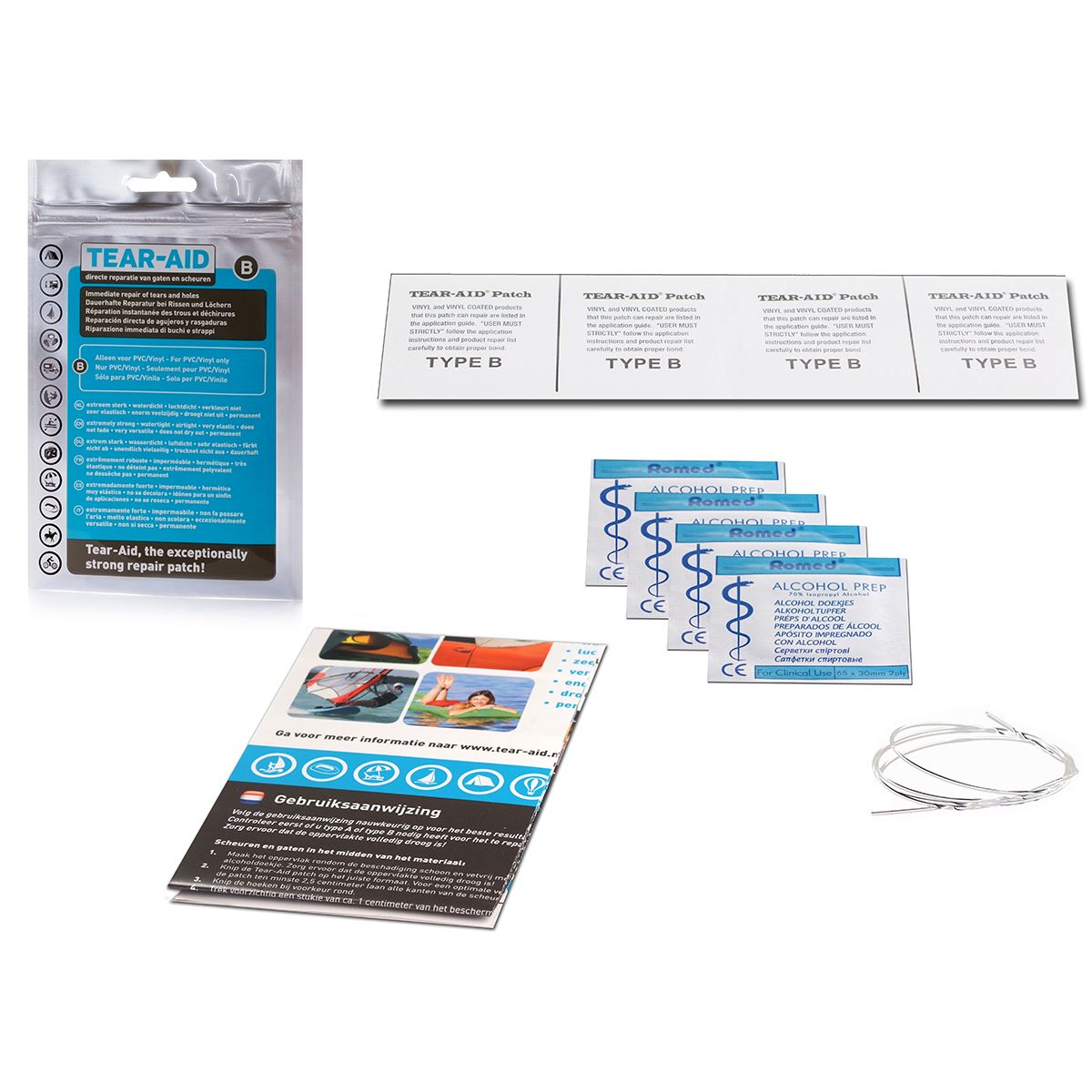 Kit Tear-Aid B avec emballage, bande de patchs type B, lingettes alcoolisées et mode d'emploi