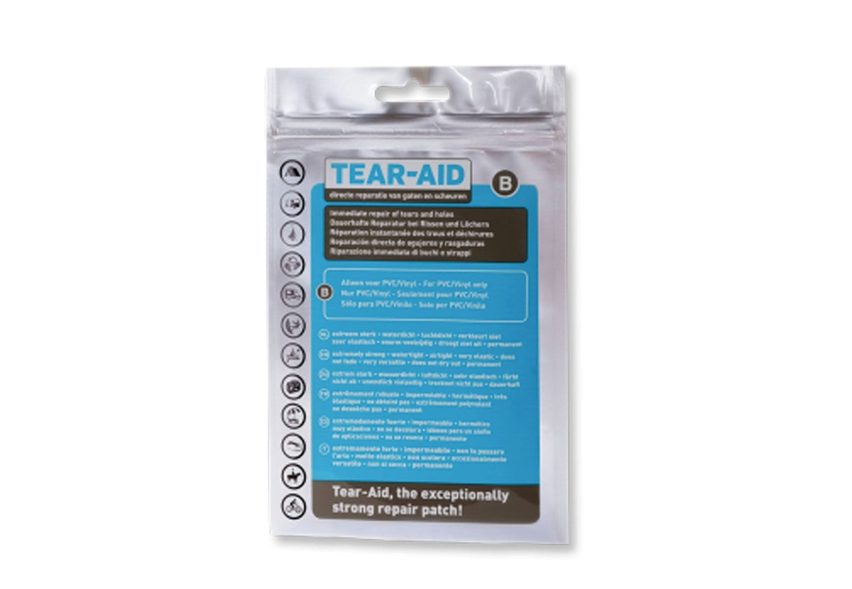 Tear Aid B patch de réparation en emballage argenté avec étiquette bleue, vue de face