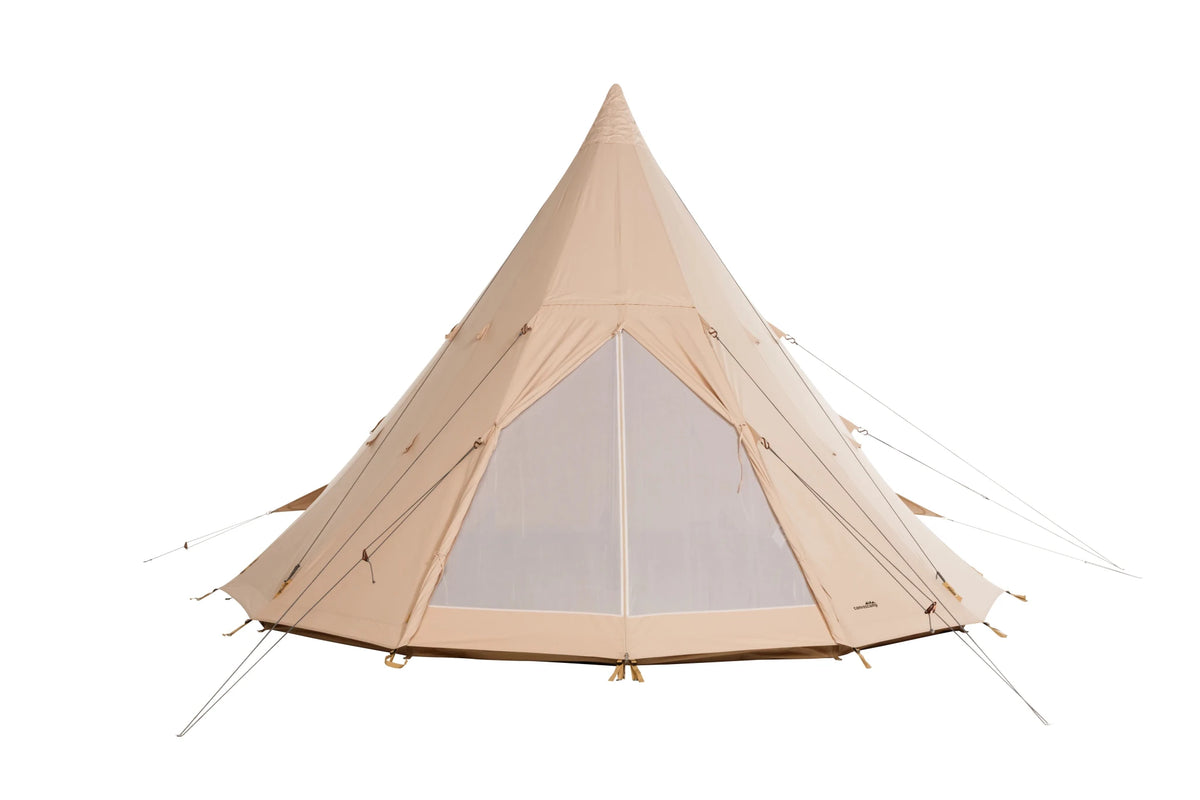Tipi CanvasCamp Traveller 500 avec porte moustiquaire fermée, vue de face