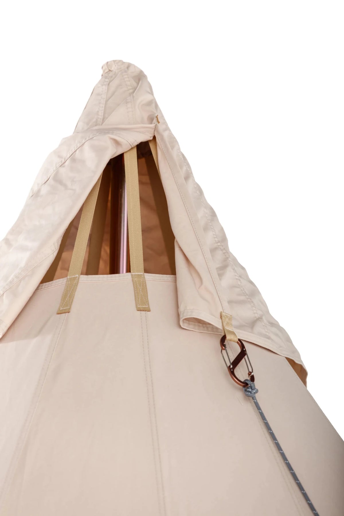 CanvasCamp Traveller 500, chapeau de ventilation ouvert au sommet avec mousqueton