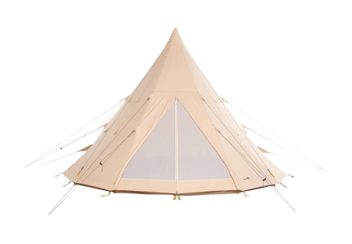 Tipi CanvasCamp Traveller 600 avec porte moustiquaire fermée, vu de face