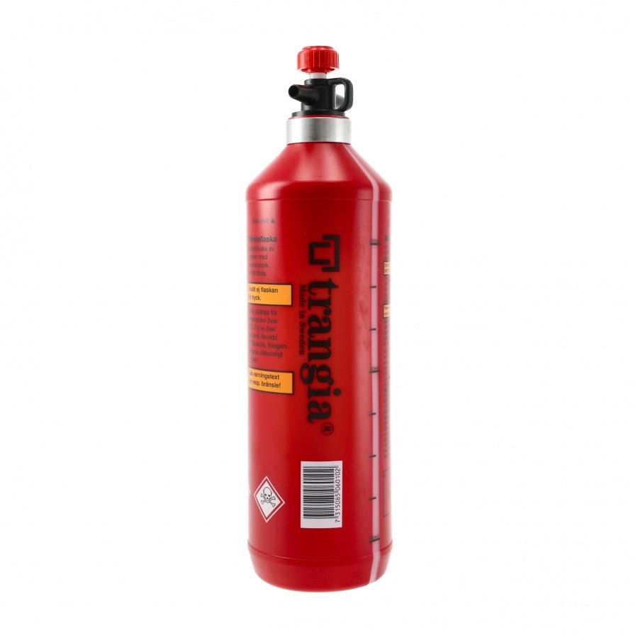 Bouteille à combustible Trangia rouge, flacon haut et fin avec bouchon verseur et logo sur le côté
