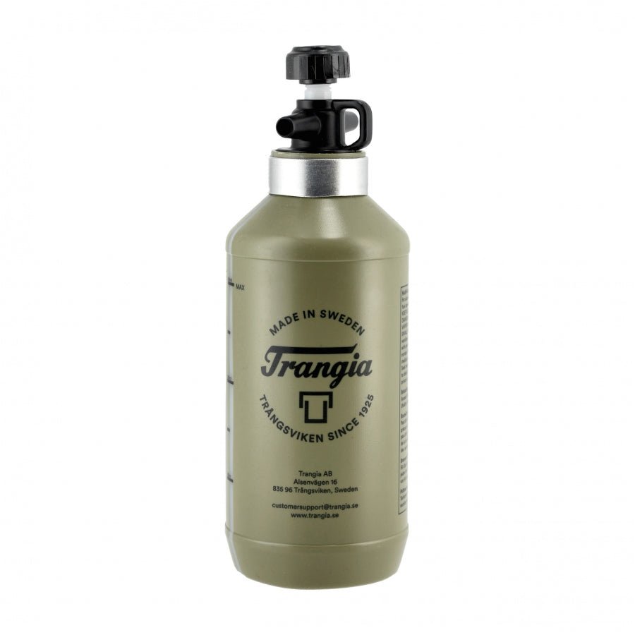 Bouteille à combustible Trangia vert olive avec inscription Made in Sweden et bouchon noir