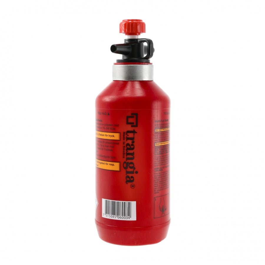 bouteille à combustible Trangia, flacon rouge avec bouchon verseur noir et petit bouchon rouge, logo sur le côté