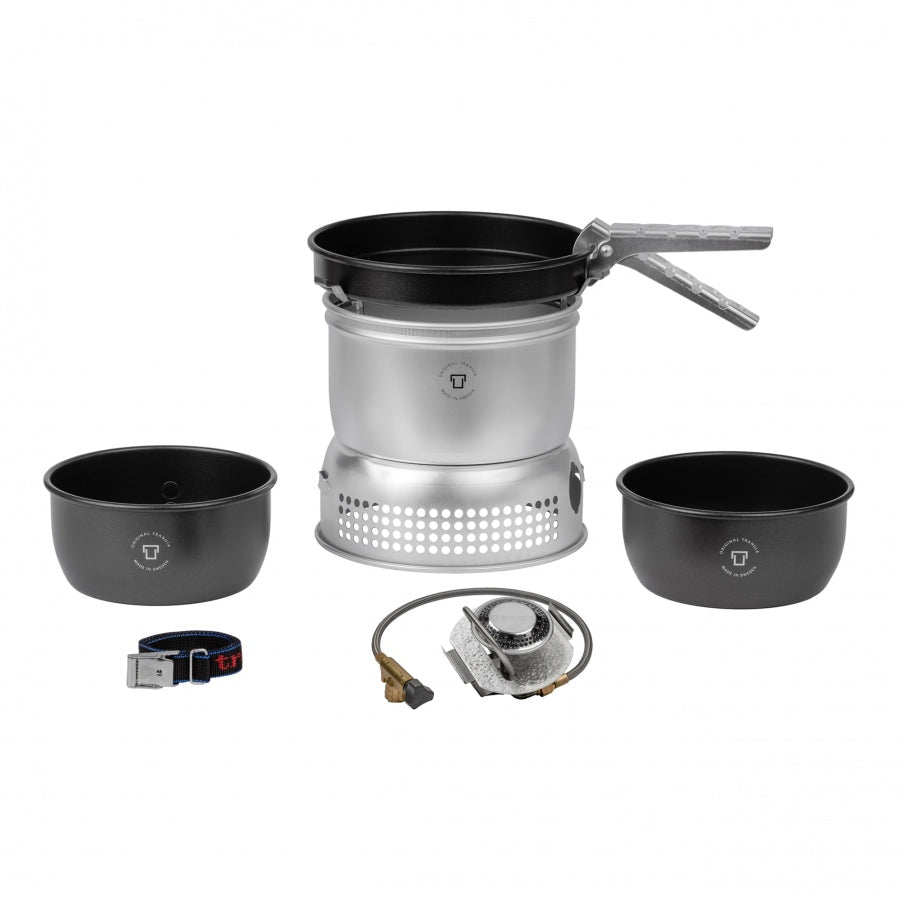 Trangia 27-5 UL batterie de cuisine étalée avec deux casseroles, poêle, pare-vent, brûleur à gaz et sangle